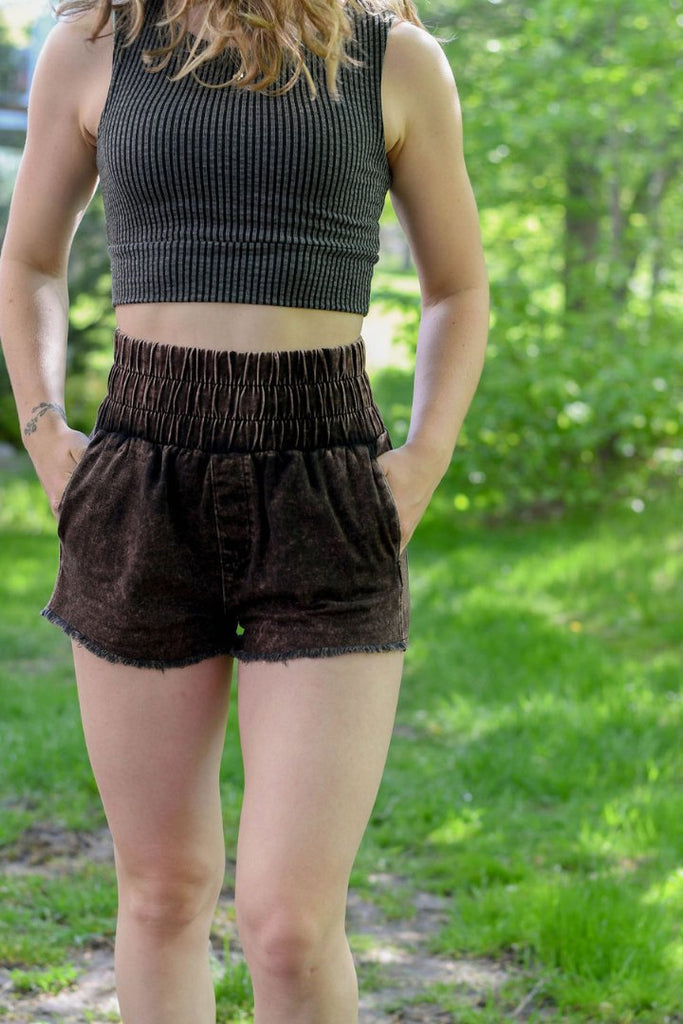 Hannah High-Waisted Shorts in Brown - Stevie + Alice
