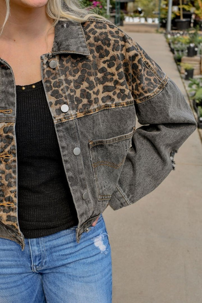 Hazel Leopard Denim Jacket in Vintage Black - Stevie + Alice