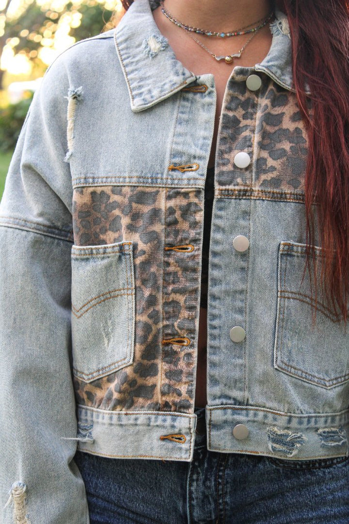Hazel Leopard Print Jacket in Denim - Stevie + Alice